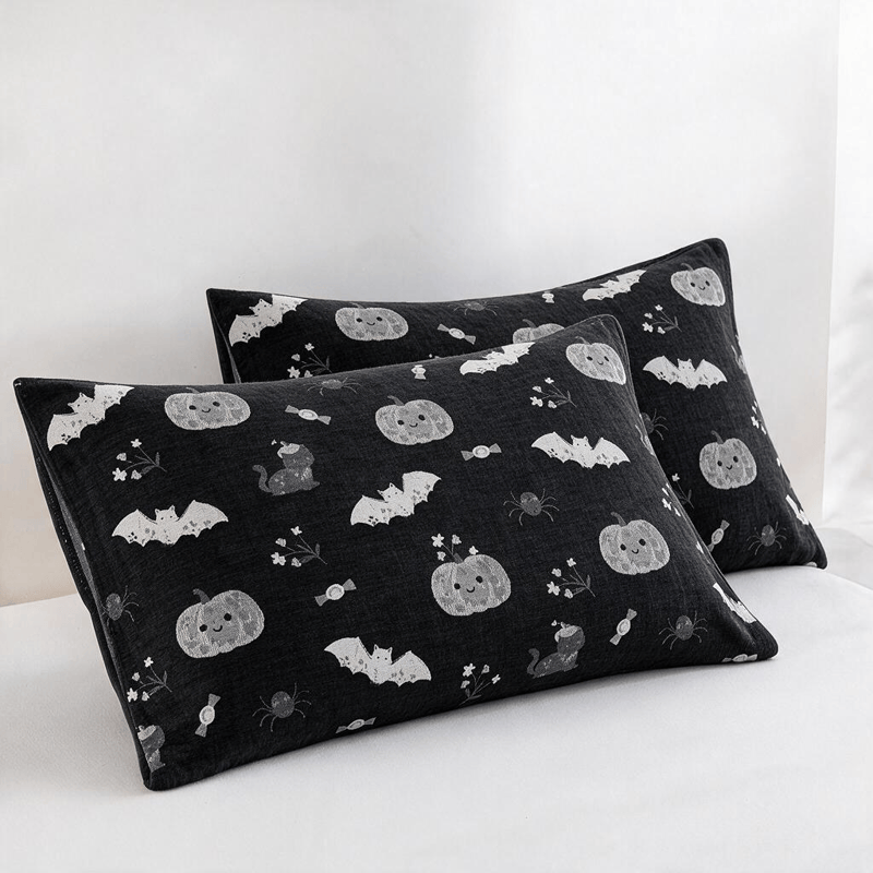 Cute Halloween Pumpkin Bat Reversible Cotton Blanket - Black - 2PCS Pillowcases - 20" x 36" - image 4