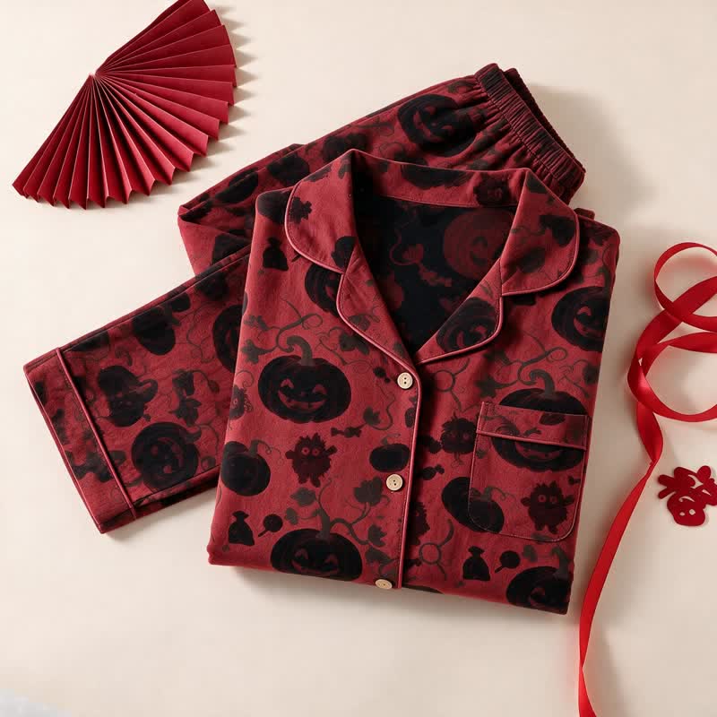 Red Pumpkin Monster Cotton Loungewear Set - Red & Black - XL - image 0
