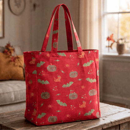 Halloween Pumpkin Bat Cotton Tote Shoulder Bag - Red - 14.2"W × 15.4"H × 4.1"D - image 0