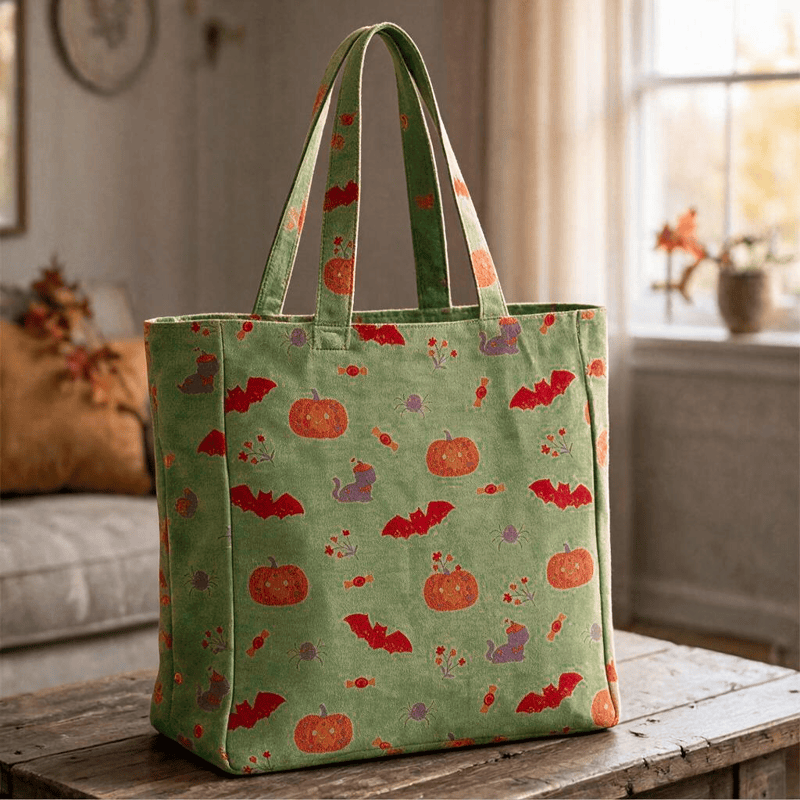 Halloween Pumpkin Bat Cotton Tote Shoulder Bag - Green - 14.2"W × 15.4"H × 4.1"D - image 4