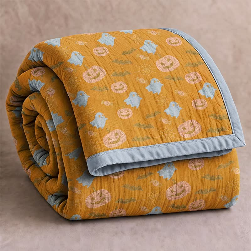 Reversible Halloween Pumpkin Ghost Cotton Blanket - Orange & Yellow - Blanket - 98" x 94" - image 0