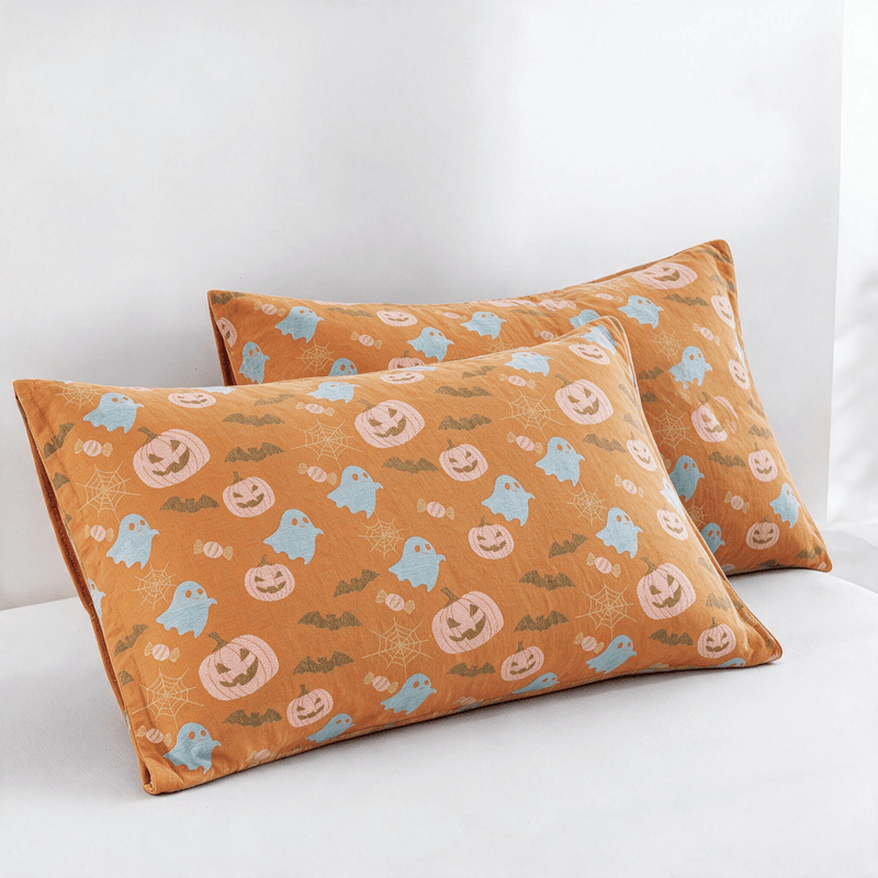 Reversible Halloween Pumpkin Ghost Cotton Blanket - Orange & Yellow - 2PCS Pillowcases - 20" x 36" - image 5