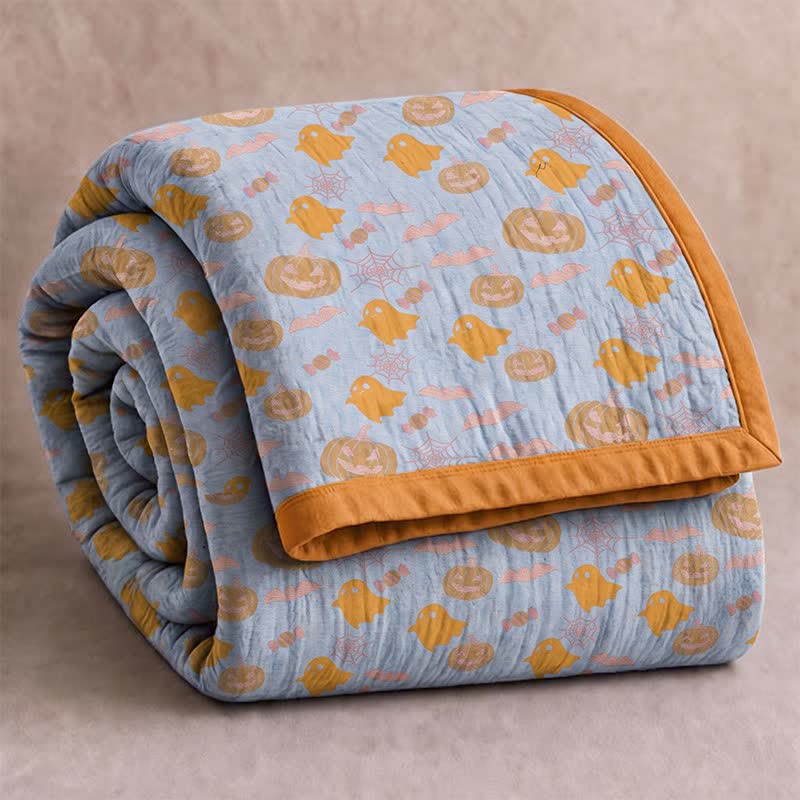 Reversible Halloween Pumpkin Ghost Cotton Blanket - Blue & Orange - Blanket - 98" x 94" - image 6