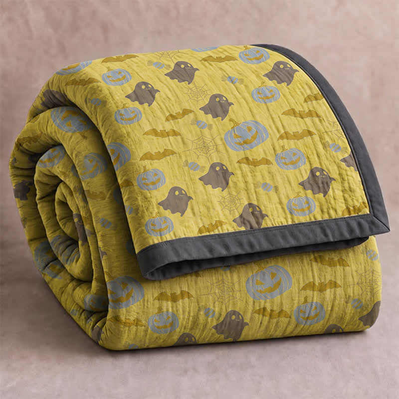Reversible Halloween Pumpkin Ghost Cotton Blanket - Yellow & Gray - Blanket - 98" x 94" - image 12