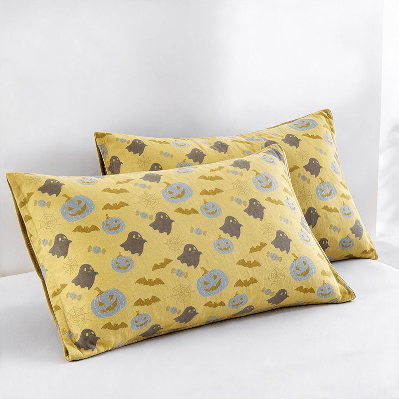 Reversible Halloween Pumpkin Ghost Cotton Blanket - Yellow & Gray - 2PCS Pillowcases - 20" x 36" - image 17