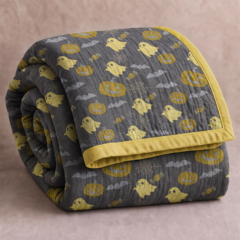 Reversible Halloween Pumpkin Ghost Cotton Blanket - Coffee & Yellow - Blanket - 98" x 94" - image 18