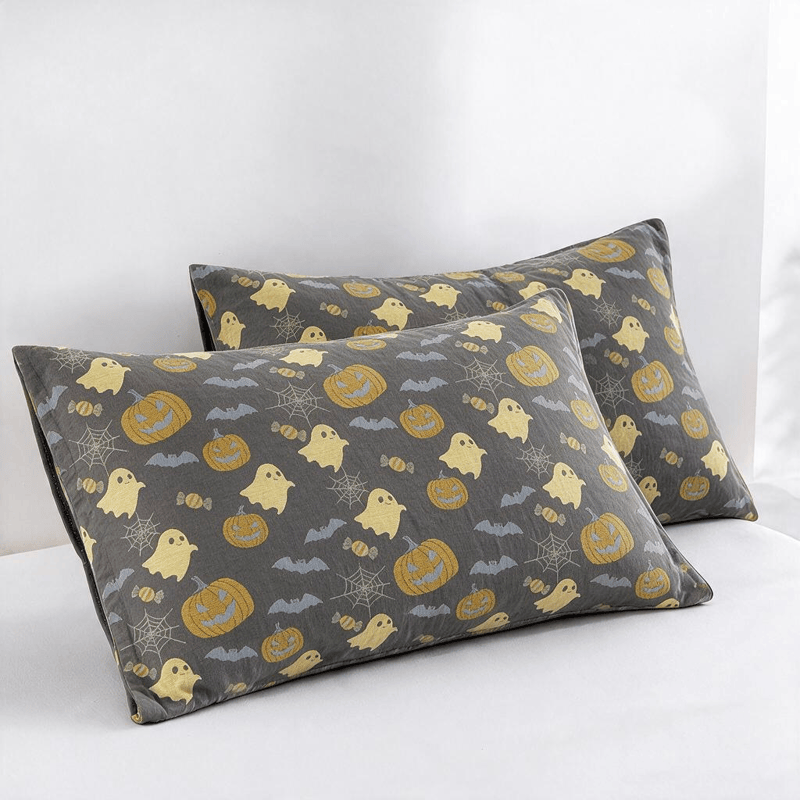 Reversible Halloween Pumpkin Ghost Cotton Blanket - Coffee & Yellow - 2PCS Pillowcases - 20" x 36" - image 23