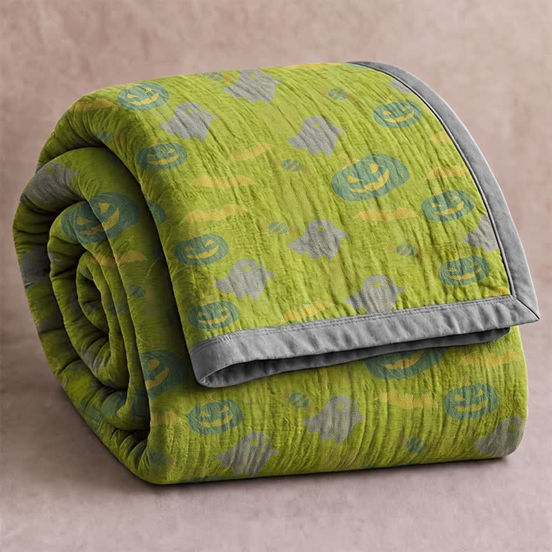 Reversible Halloween Pumpkin Ghost Cotton Blanket - Green & Yellow - Blanket - 98" x 94" - image 24
