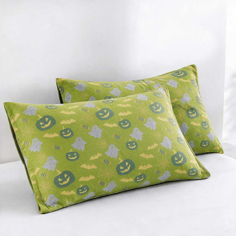 Reversible Halloween Pumpkin Ghost Cotton Blanket - Green & Yellow - 2PCS Pillowcases - 20" x 36" - image 29