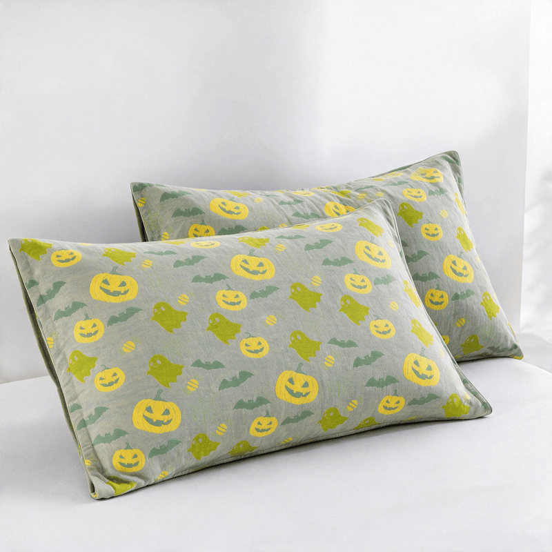 Reversible Halloween Pumpkin Ghost Cotton Blanket - Gray & Green - 2PCS Pillowcases - 20" x 36" - image 35