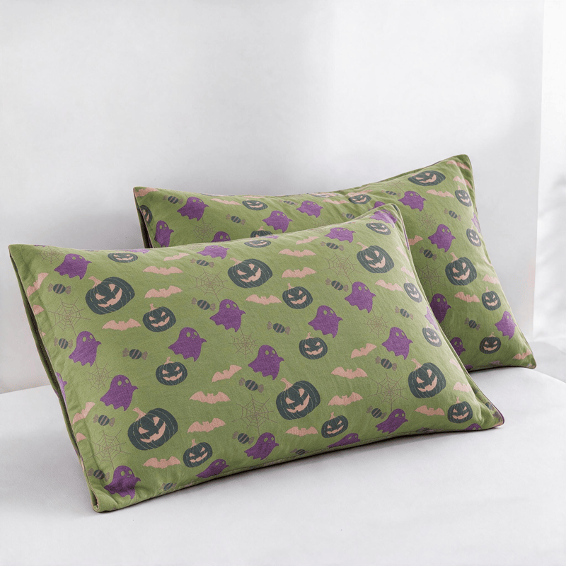 Reversible Halloween Pumpkin Ghost Cotton Blanket - Green & Purple - 2PCS Pillowcases - 20" x 36" - image 46