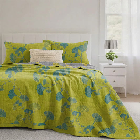 Retro Garden Flower Cotton Reversible Quilt - Green - Quilt with 2pcs Pillowcases - King - image 0