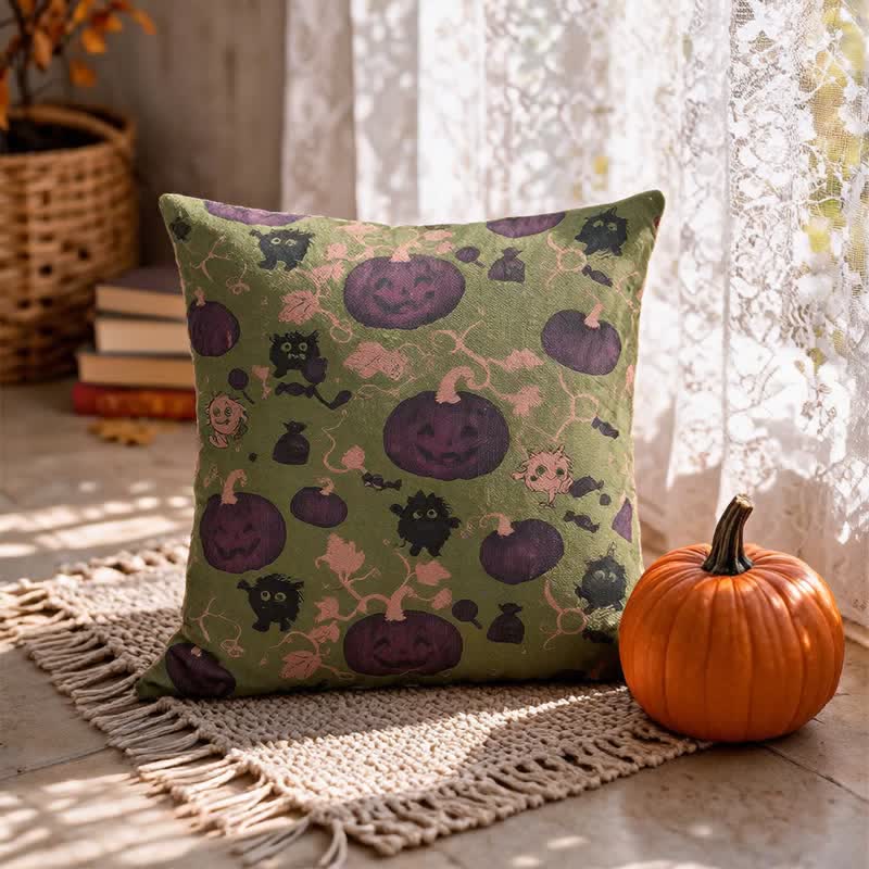 Multi‑Color Halloween Pumpkin & Monster Cotton Pillow - Green - 18" x 18" - With Insert - image 12