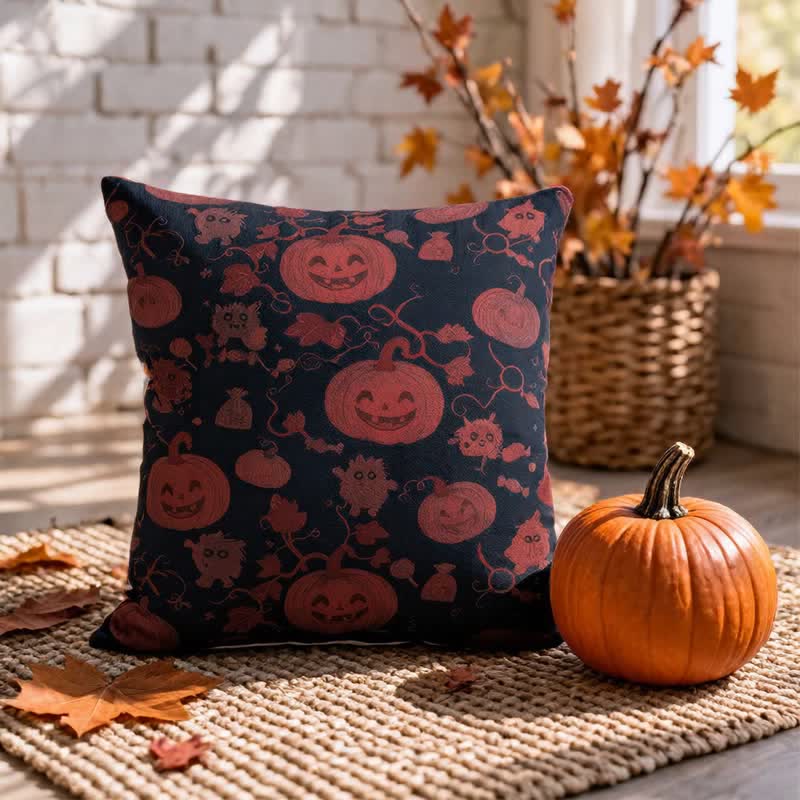 Multi‑Color Halloween Pumpkin & Monster Cotton Pillow - Black - 18" x 18" - With Insert - image 4