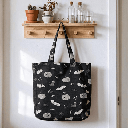 Halloween Pumpkin Cat Cotton Tote Shoulder Bag - Black - 14.2"W × 15.4"H × 4.1"D - image 0