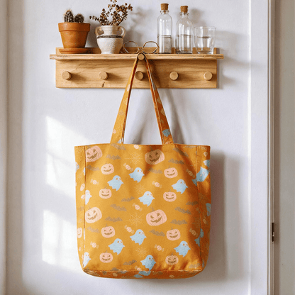 Multi‑Color Halloween Ghost Cotton Tote Bag - Orange & Yellow - 14.2"W × 15.4"H × 4.1"D - image 0
