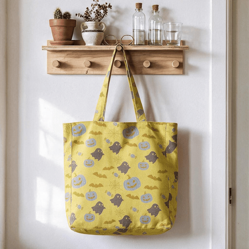 Multi‑Color Halloween Ghost Cotton Tote Bag - Yellow & Gray - 14.2"W × 15.4"H × 4.1"D - image 6