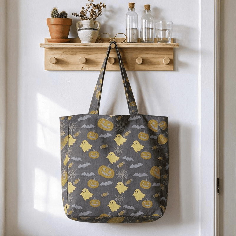 Multi‑Color Halloween Ghost Cotton Tote Bag - Coffee & Yellow - 14.2"W × 15.4"H × 4.1"D - image 9
