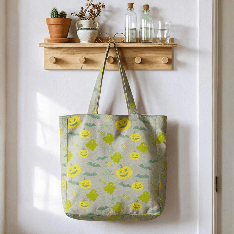 Multi‑Color Halloween Ghost Cotton Tote Bag - Gray & Green - 14.2"W × 15.4"H × 4.1"D - image 15
