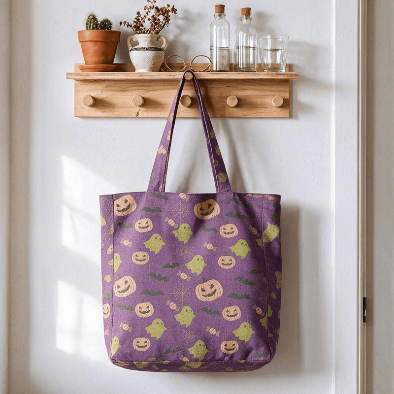Multi‑Color Halloween Ghost Cotton Tote Bag - Deep Purple - 14.2"W × 15.4"H × 4.1"D - image 18