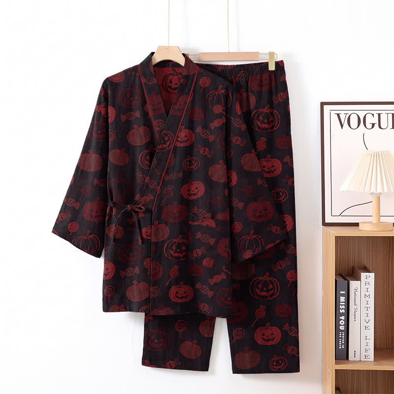 Halloween Pumpkin Candy Cotton Kimono Pajama Set - Black - XL - image 6