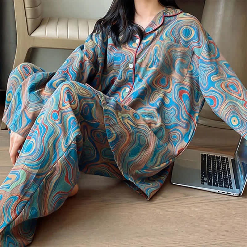 Plus Size Art Print Cotton Loungewear Set - Blue - 5XL - image 1