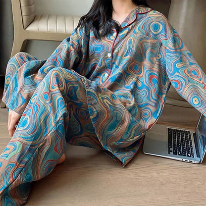 Plus Size Art Print Cotton Loungewear Set - Blue - 5XL - image 1