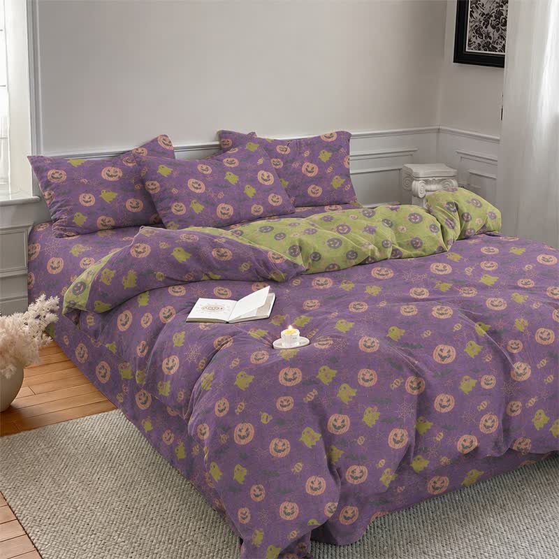 Multi‑Color Pumpkin Ghost Cotton Bedding Set - Deep Purple - Bedding Set(4PCS) - King - image 14