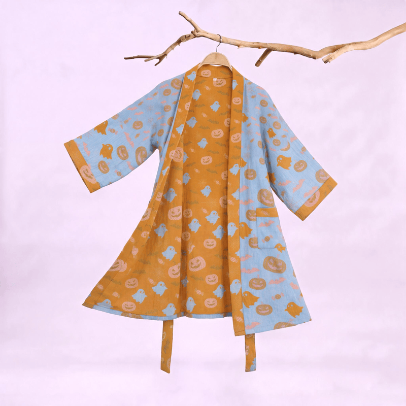 Multi‑Color Pumpkin Halloween Cotton Kimono Robe - Blue & Orange - XXL - image 5