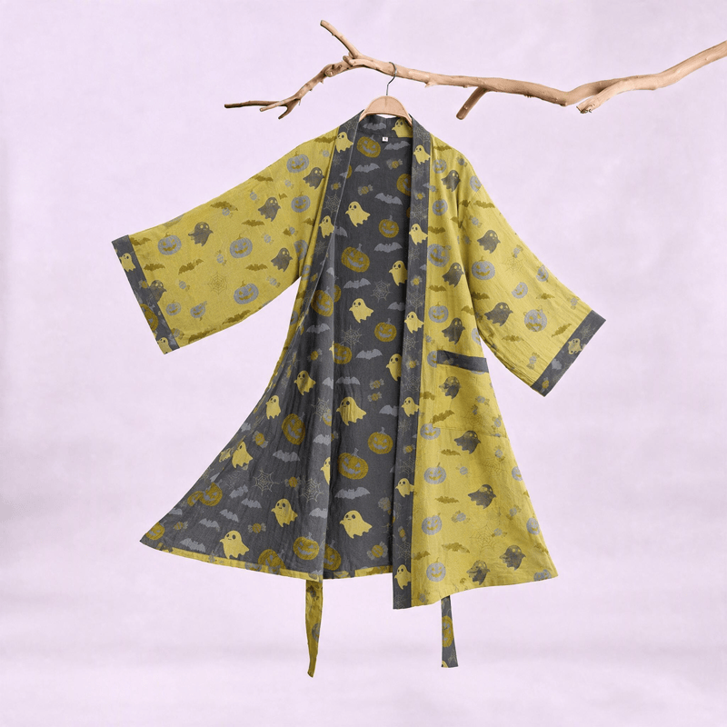 Multi‑Color Pumpkin Halloween Cotton Kimono Robe - Yellow & Gray - XXL - image 10