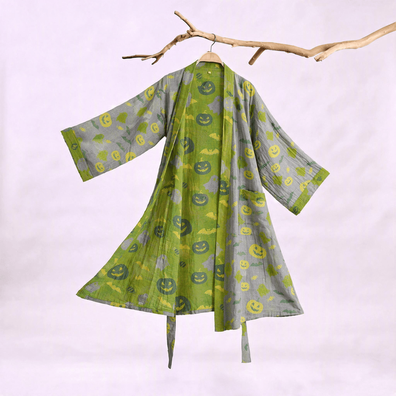 Multi‑Color Pumpkin Halloween Cotton Kimono Robe - Gray & Green - XXL - image 25