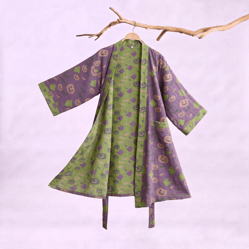 Multi‑Color Pumpkin Halloween Cotton Kimono Robe - Deep Purple - XXL - image 30