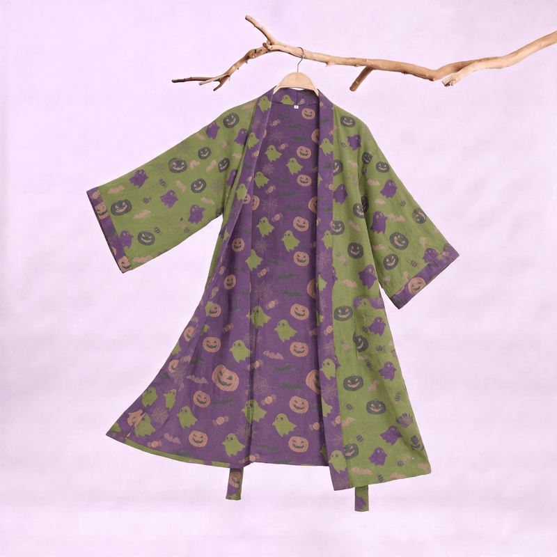 Multi‑Color Pumpkin Halloween Cotton Kimono Robe - Green & Purple - XXL - image 35