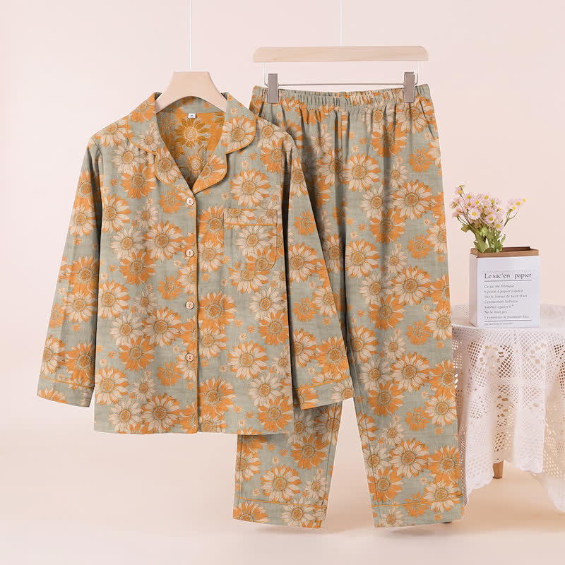 Retro Sunflower Cotton Loungewear Pajama Set - Light Gray - XL - image 9