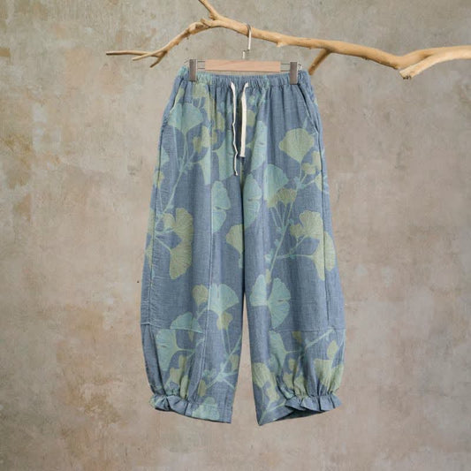 Retro Botanical Ginkgo Leaf Cotton Lounge Pants - Blue - XL - image 0