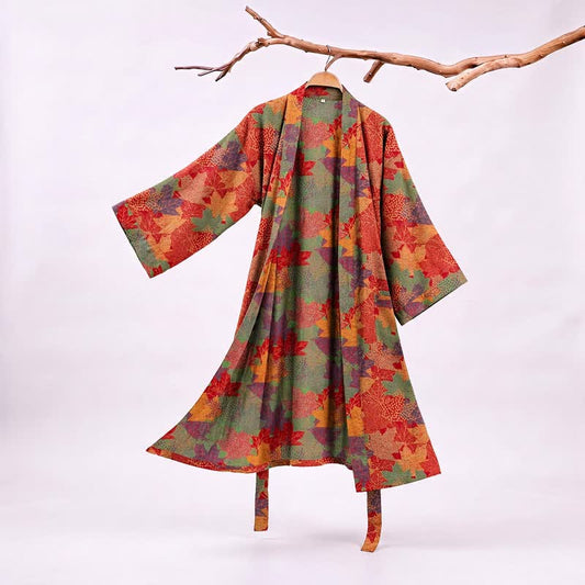 Autumn Maple Leaf Cotton Kimono Robe - Red & Green - XXL - image 0