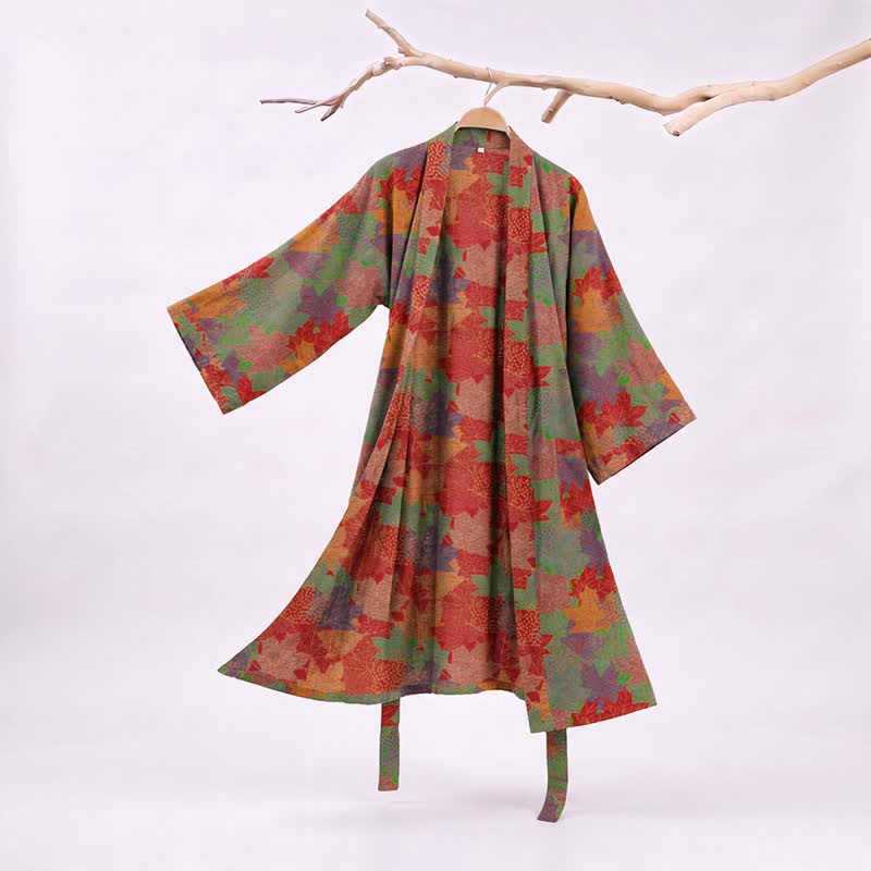 Autumn Maple Leaf Cotton Kimono Robe - Green & Red - XXL - image 5