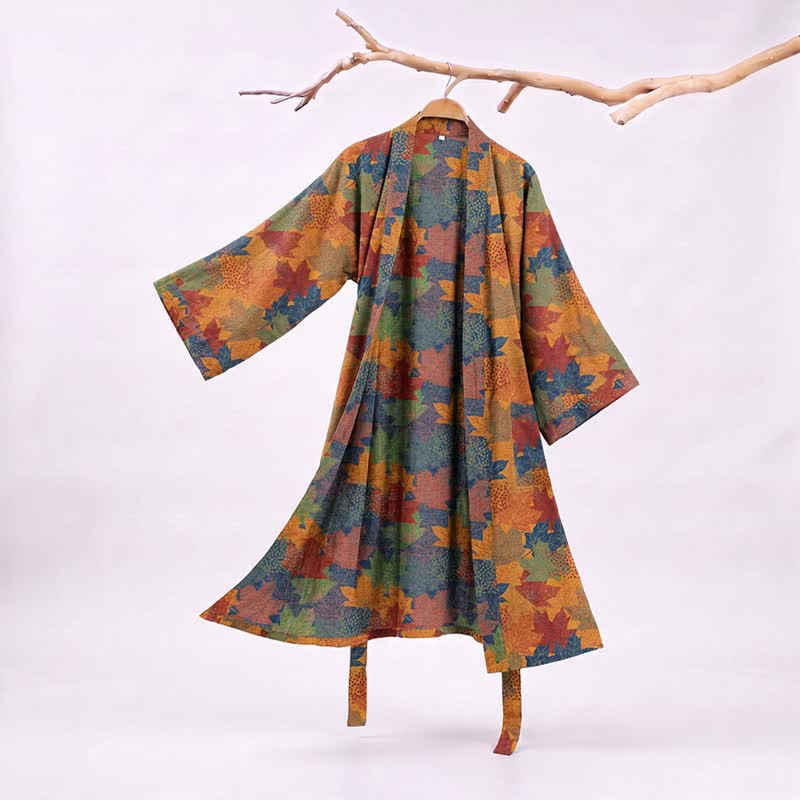 Autumn Maple Leaf Cotton Kimono Robe - Orange & Blue - XXL - image 23