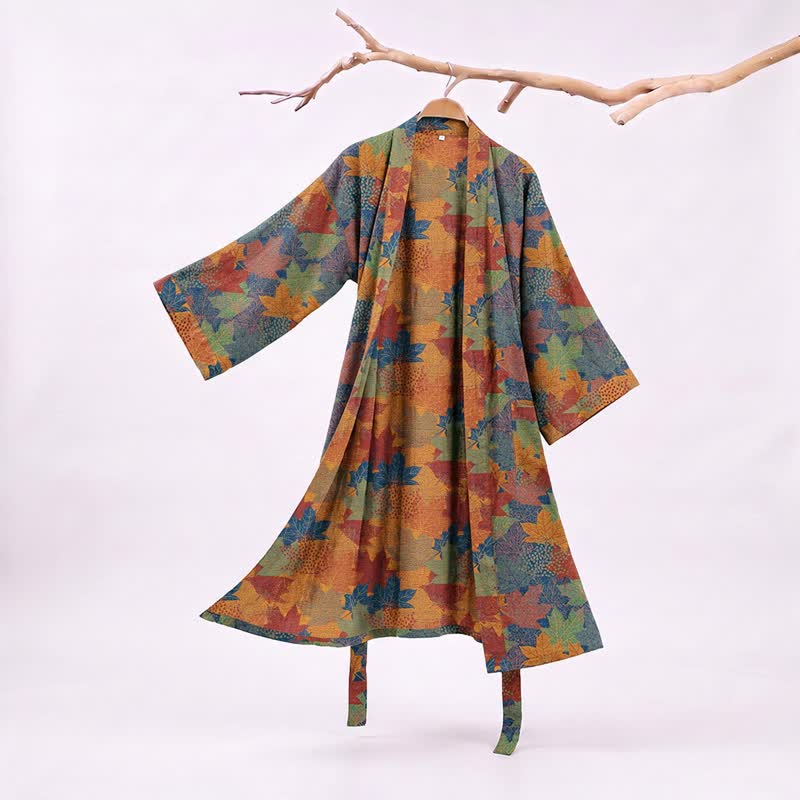 Autumn Maple Leaf Cotton Kimono Robe - Blue & Orange - XXL - image 29