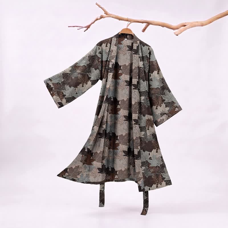 Autumn Maple Leaf Cotton Kimono Robe - Brown & Gray - XXL - image 35