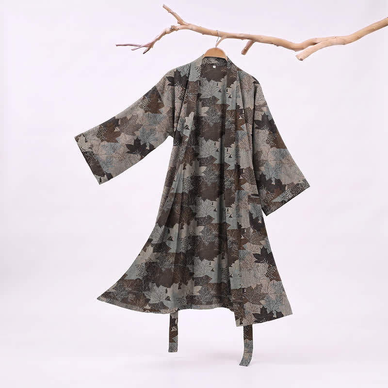 Autumn Maple Leaf Cotton Kimono Robe - Gray & Brown - XXL - image 41