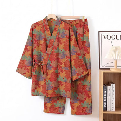 Maple Leaf Cotton Kimono Pajama Set - Red & Green - XL - image 0