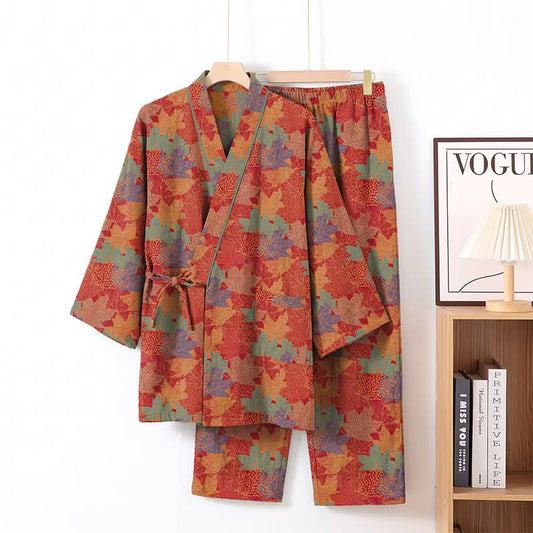 Maple Leaf Cotton Kimono Pajama Set - Red & Green - XL - image 0