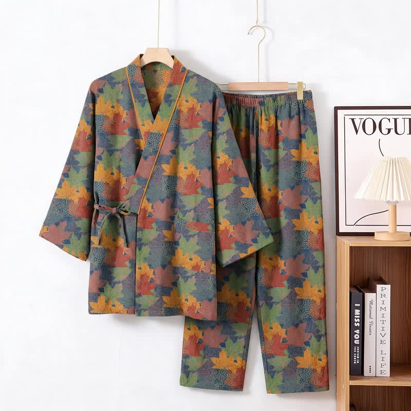 Maple Leaf Cotton Kimono Pajama Set - Blue & Orange - XL - image 39