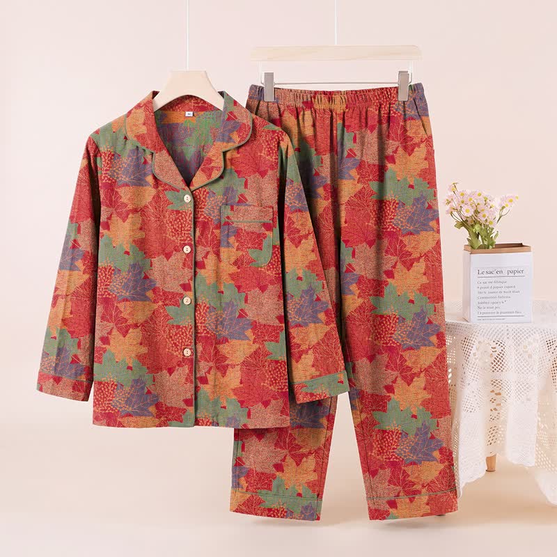 Fall Maple Leaf Cotton Loungewear Set - Red & Green - XL - image 0