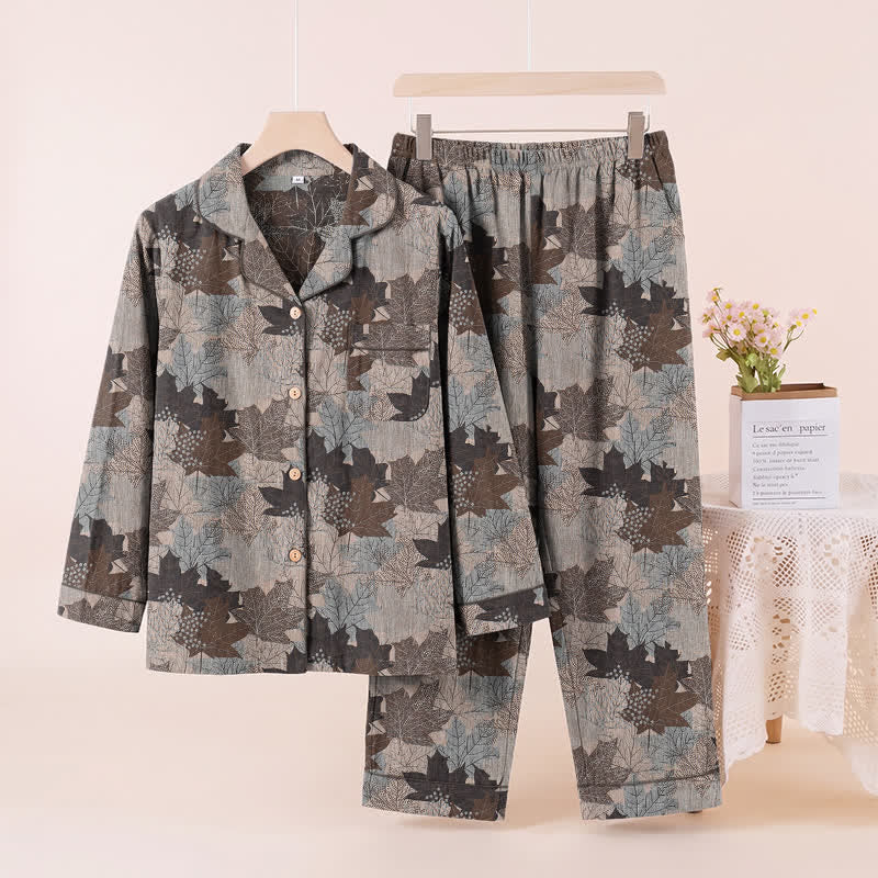 Fall Maple Leaf Cotton Loungewear Set - Gray & Brown - XL - image 42