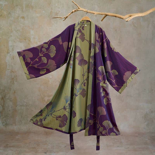 Retro Ginkgo Leaf Cotton Kimono Robe - Purple & Grass green - XL - image 0