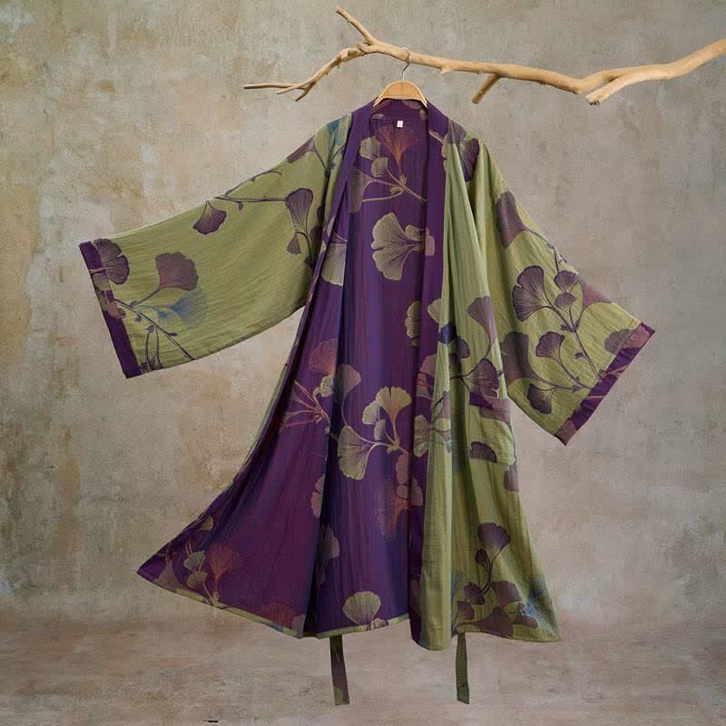 Retro Ginkgo Leaf Cotton Kimono Robe - Grass green & Purple - XL - image 23