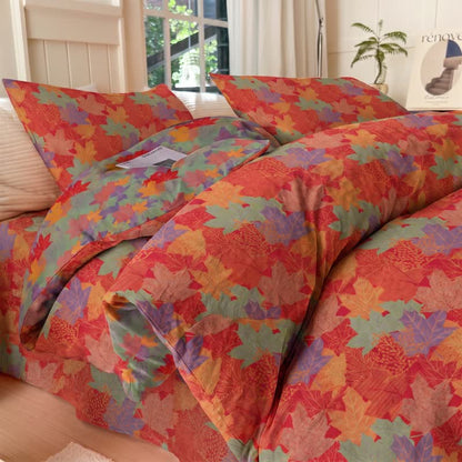 Colorful Maple Leaf Cotton Duvet Cover Bedding Set - Red & Green - Bedding Set(4PCS) - King - image 0