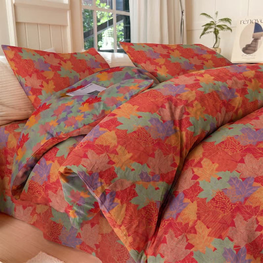 Colorful Maple Leaf Cotton Duvet Cover Bedding Set - Red & Green - Bedding Set(4PCS) - King - image 0
